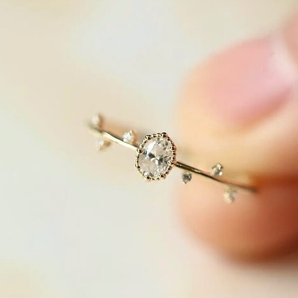 NWT Dainty Ring Sz.7 14K Gold Plated Oval CZ Fairy Stackable Delicate - Picture 10 of 10